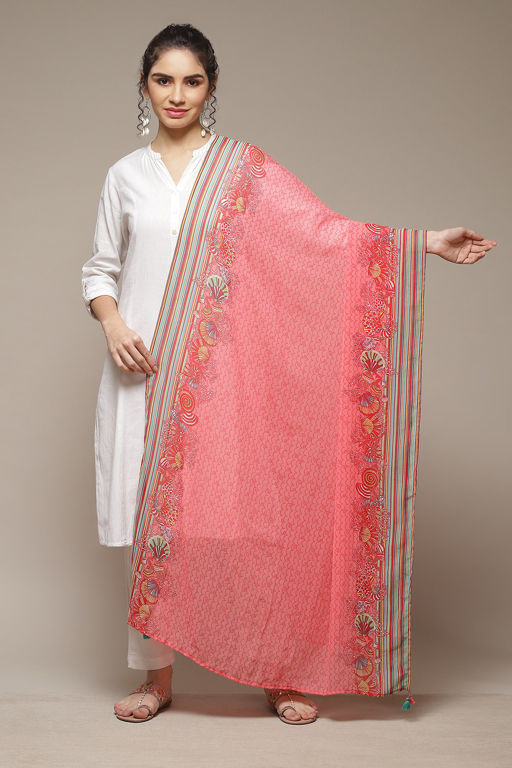 Coral Cotton Blend Woven Dupatta image number 0